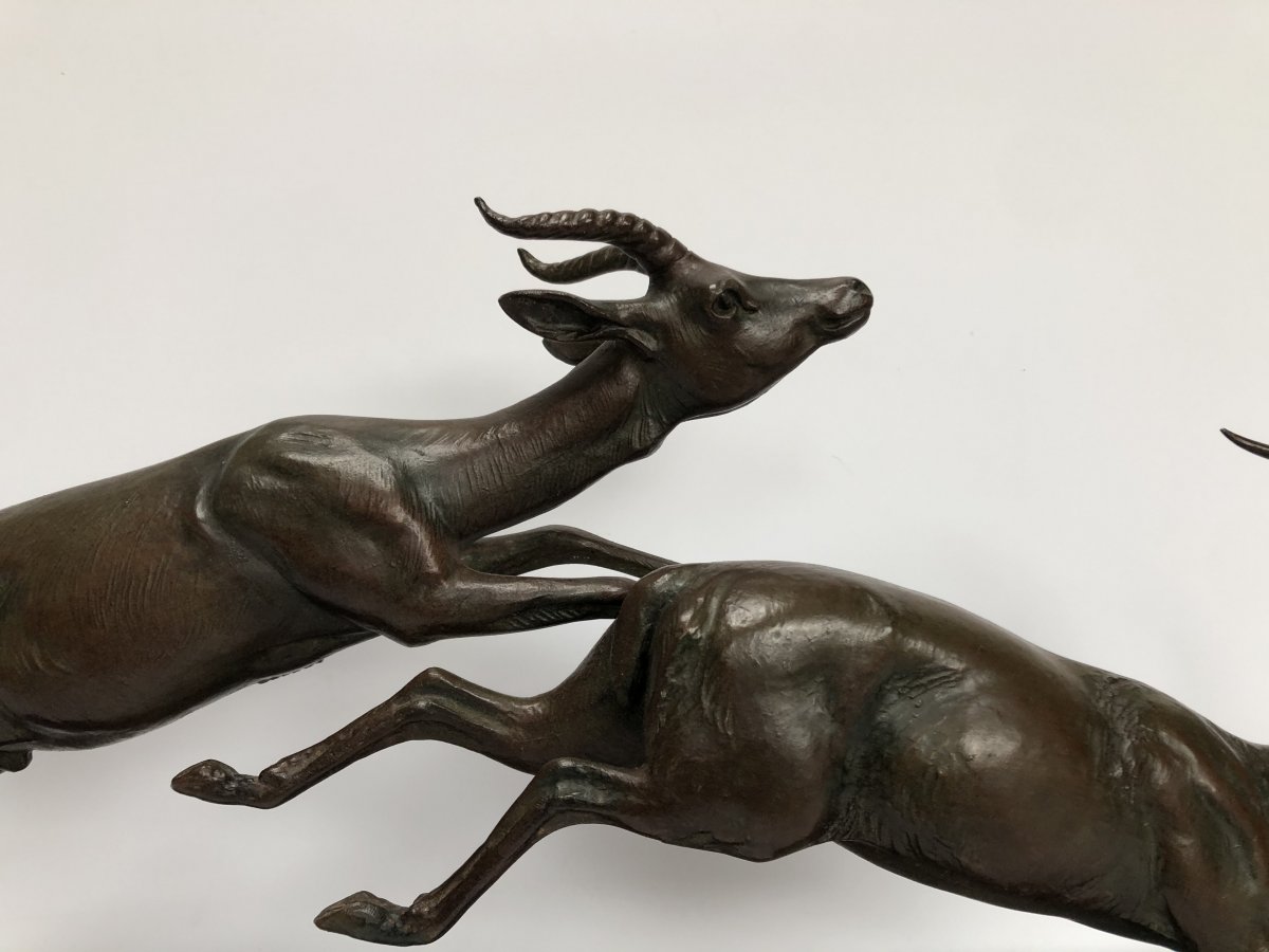 Art Deco Sculpture Signed Plagnet Gazelles In Regule-photo-3