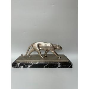 Art Deco Panther In Silvered Bronze Signed V. Demanet