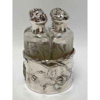 Silver Perfume Kit 4 Art Nouveau Flasks