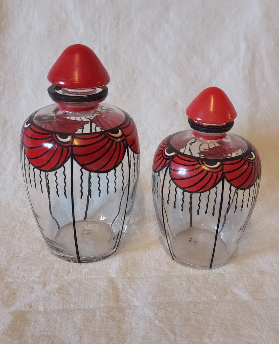 Pair Of Art Deco Enameled Glass Perfume Bottles 