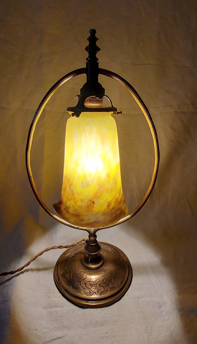 Art Nouveau Bronze Lamp And Tulip In Glass Paste Signed Muller Frères Lunéville -photo-3