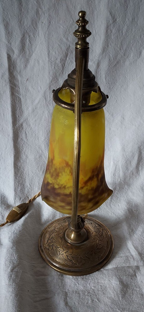 Art Nouveau Bronze Lamp And Tulip In Glass Paste Signed Muller Frères Lunéville -photo-4