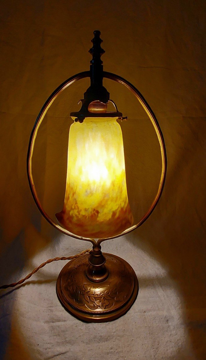 Art Nouveau Bronze Lamp And Tulip In Glass Paste Signed Muller Frères Lunéville 