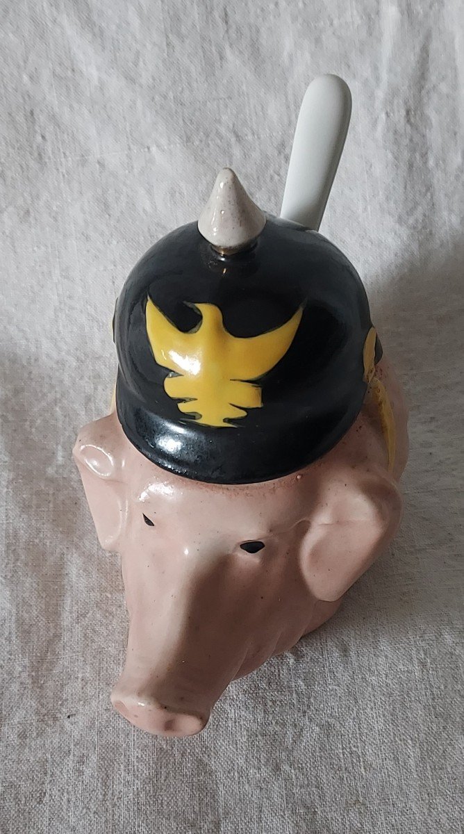 Mustard Pot Humanized Porcelain Pig With German Prussian Spiked Helmet -photo-4