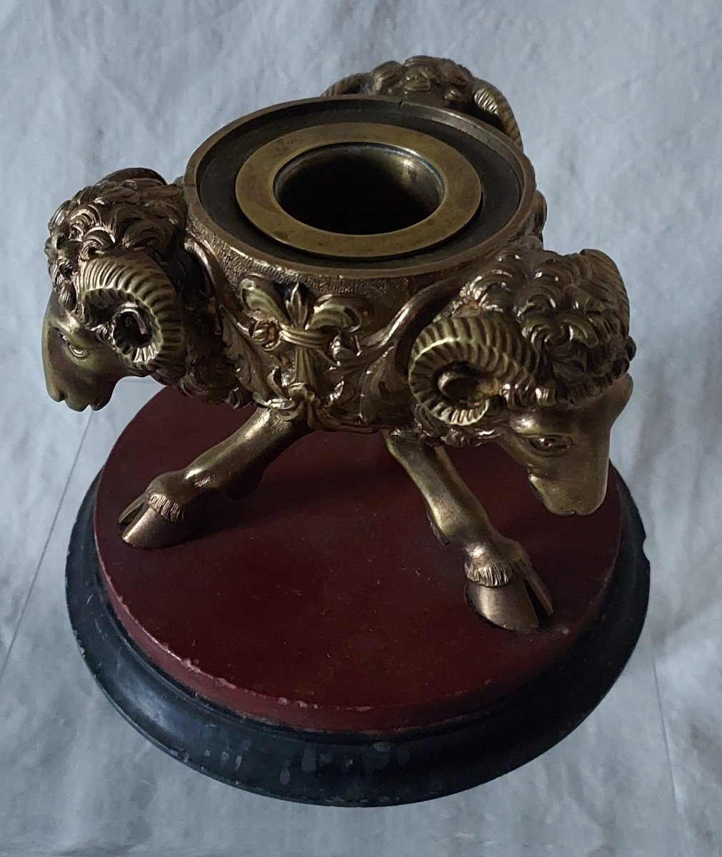 Tripod Inkwell With Rams' Heads And Little Boy With Dogs In Bronze And Marble -photo-1