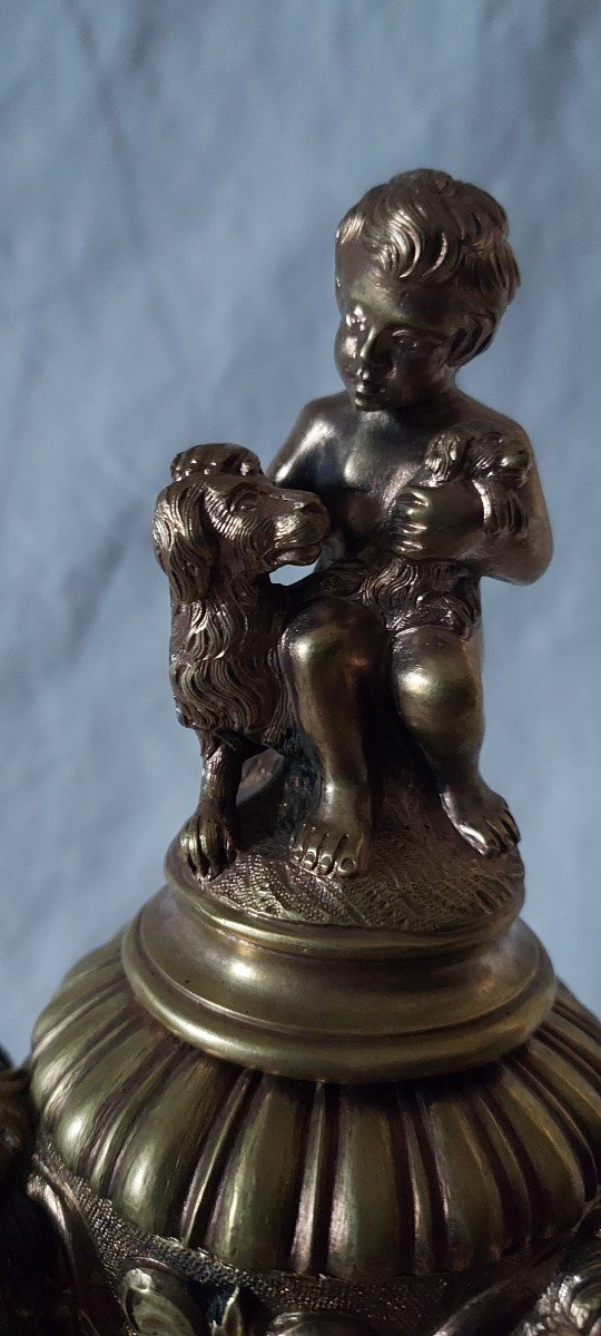 Tripod Inkwell With Rams' Heads And Little Boy With Dogs In Bronze And Marble -photo-2