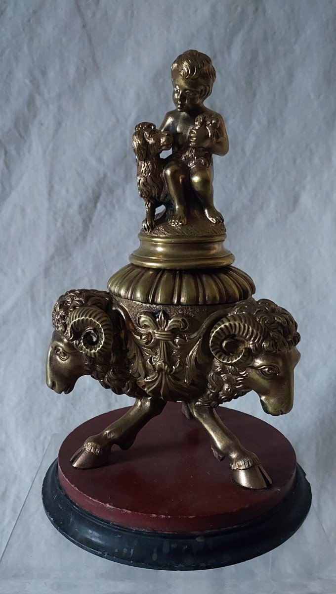 Tripod Inkwell With Rams' Heads And Little Boy With Dogs In Bronze And Marble 