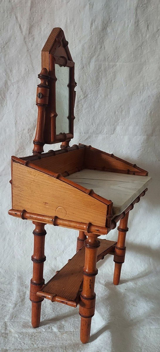 Coiffeuse Table De Toilette De Poupée En Merisier Tourné Façon Bambou Vers 1900-photo-3