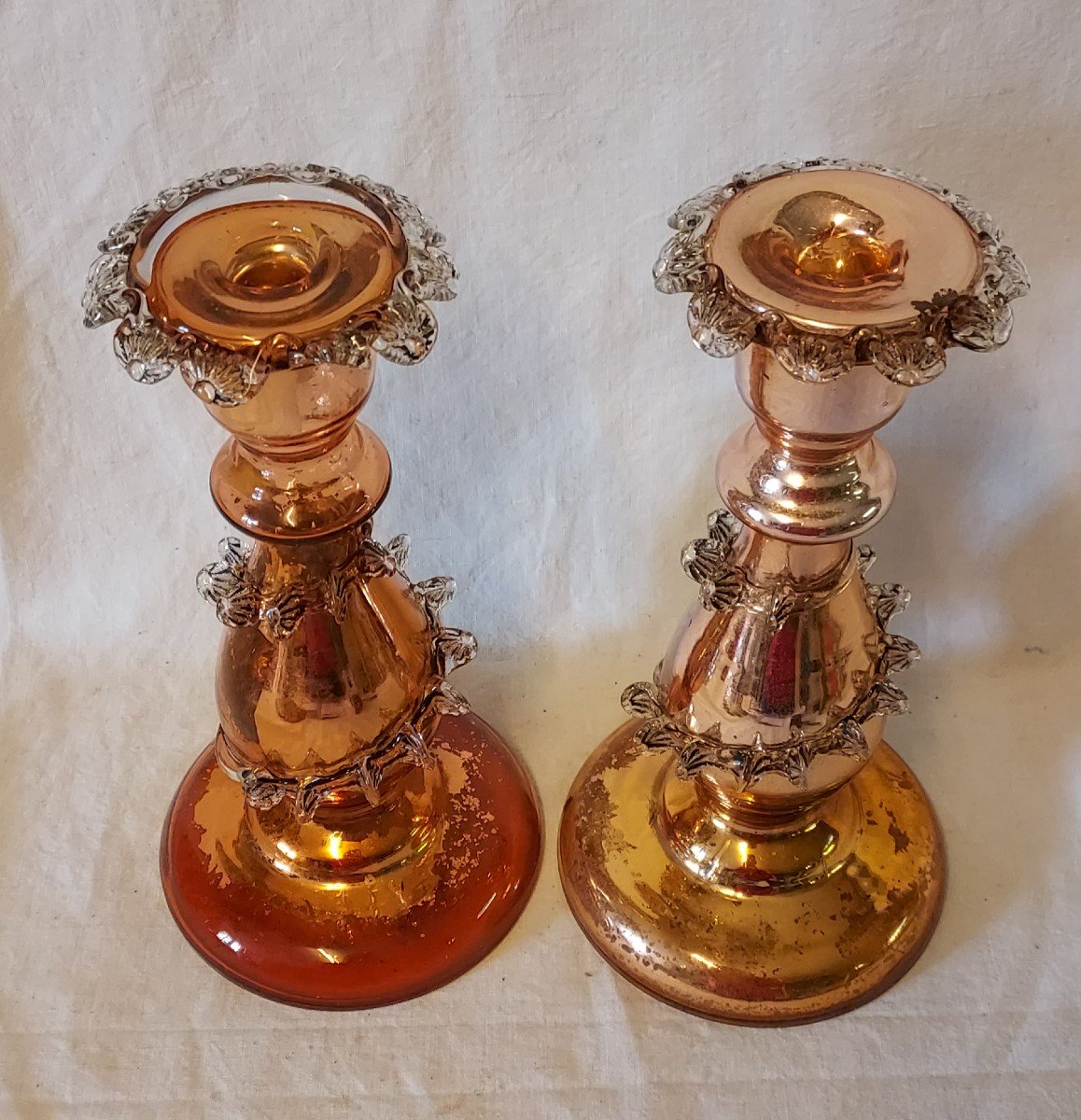 Pair Of Two-tone Glass Candlesticks, Clear And Amber, églomisé From The 19th Century -photo-2