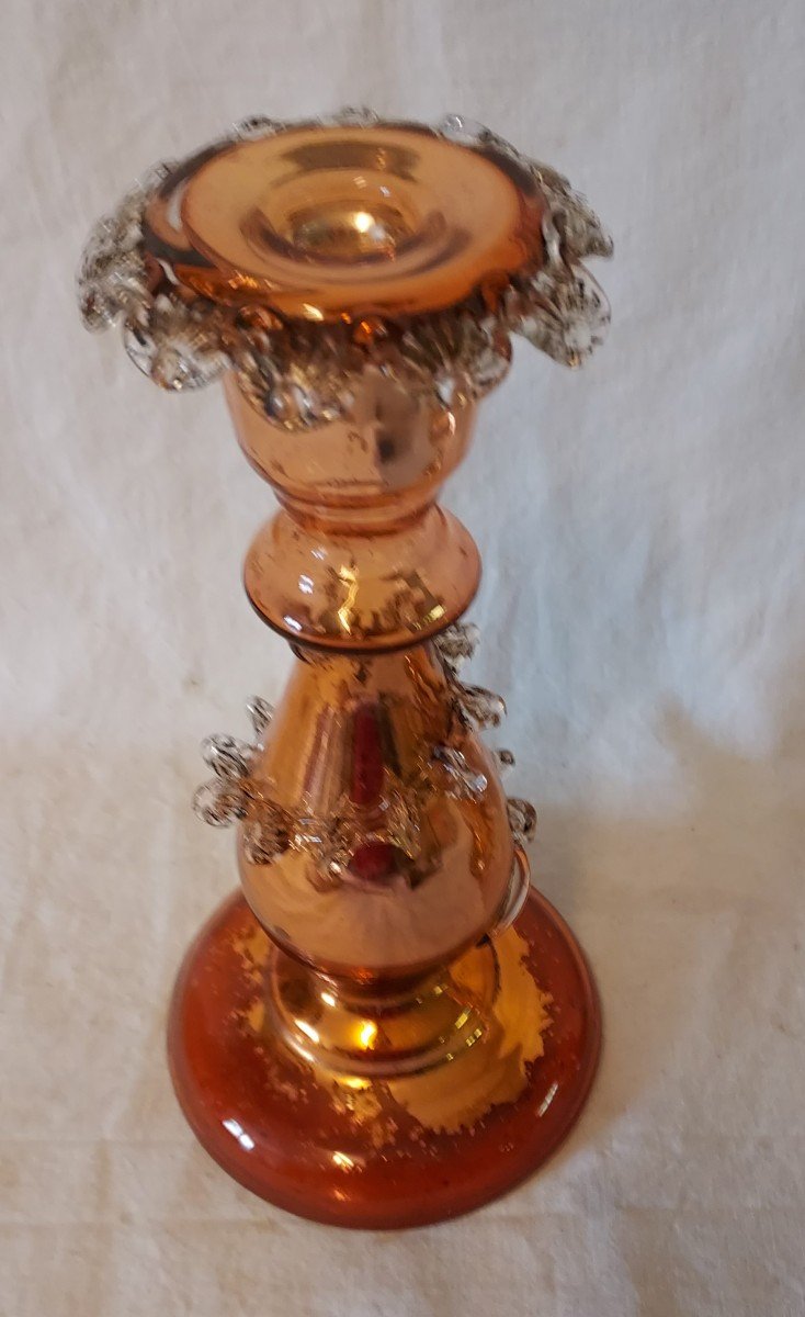 Pair Of Two-tone Glass Candlesticks, Clear And Amber, églomisé From The 19th Century -photo-2