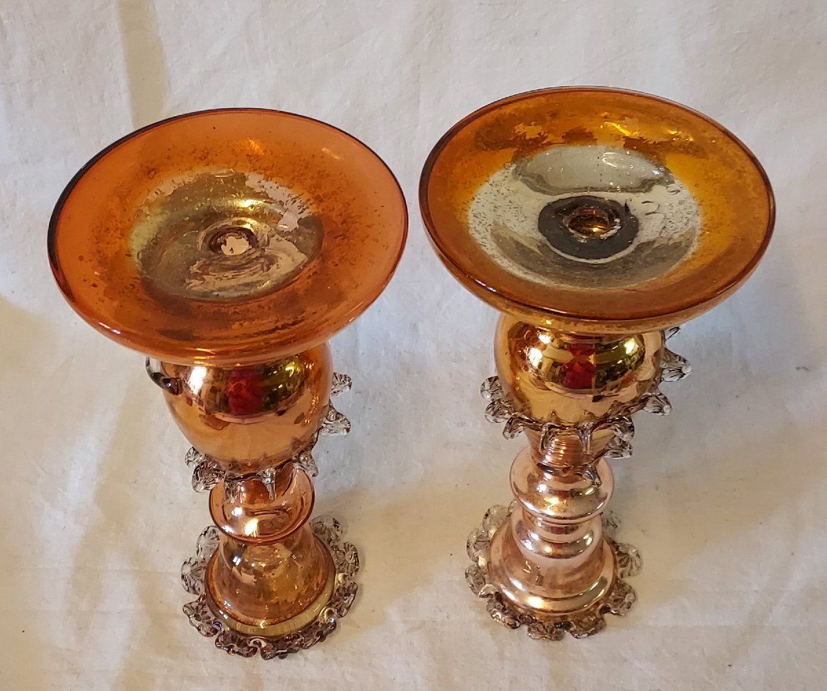 Pair Of Two-tone Glass Candlesticks, Clear And Amber, églomisé From The 19th Century -photo-3