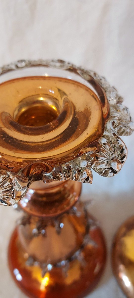 Pair Of Two-tone Glass Candlesticks, Clear And Amber, églomisé From The 19th Century -photo-4