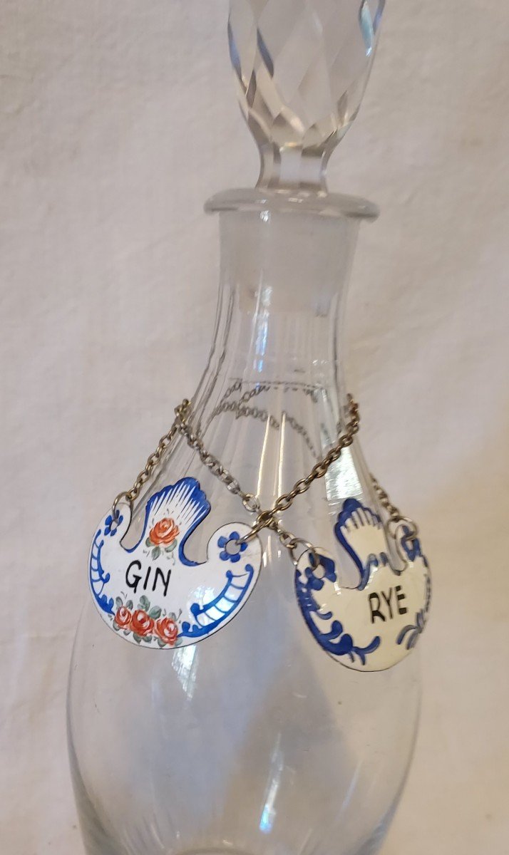 2 étiquettes à Carafe émaillées Pour Du Gin Et Du Rye Début XXème -photo-2