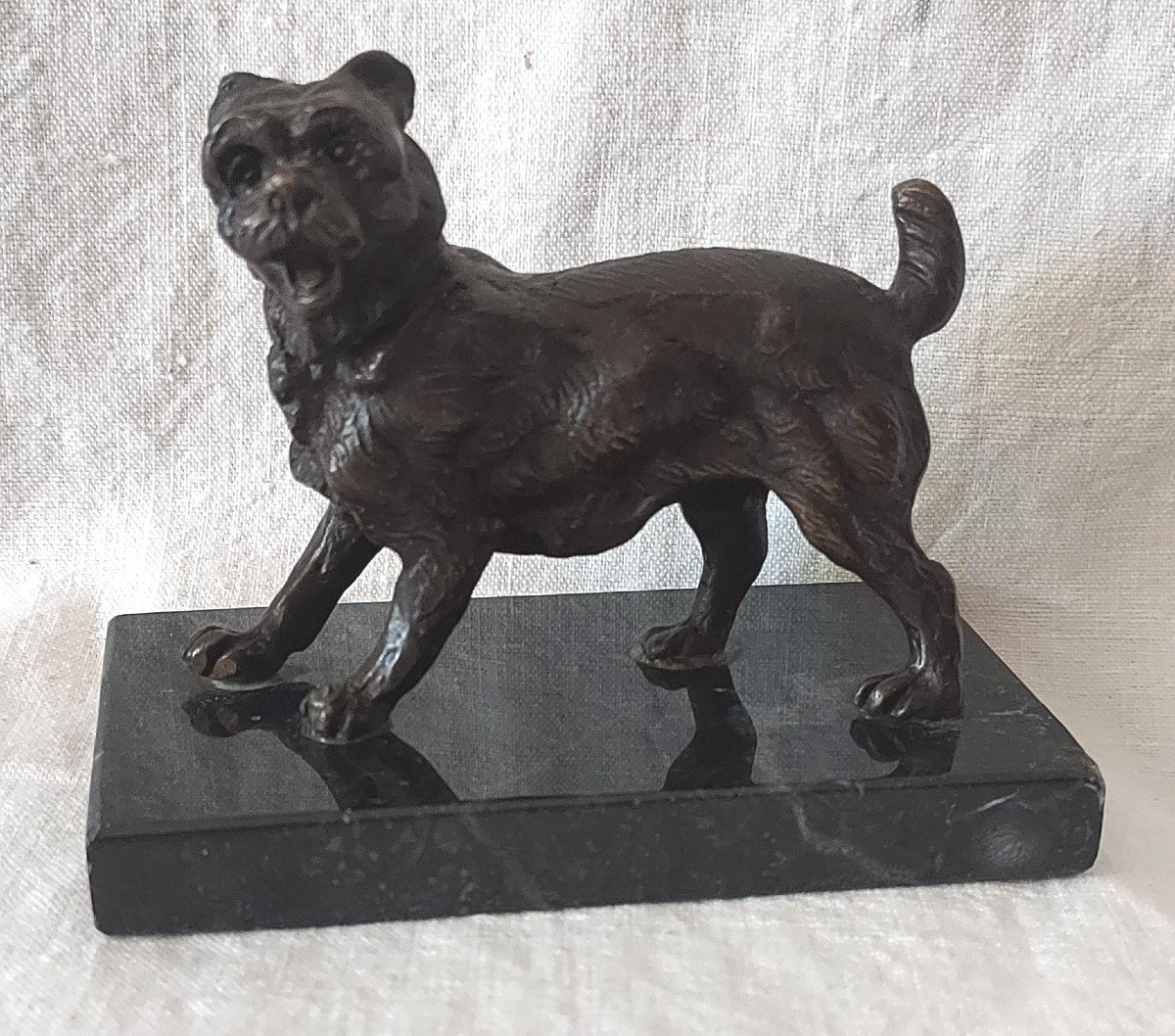 Pyrenees Labri Dog In Bronze With Medal Patina On Its Marble Terrace From The 19th Century