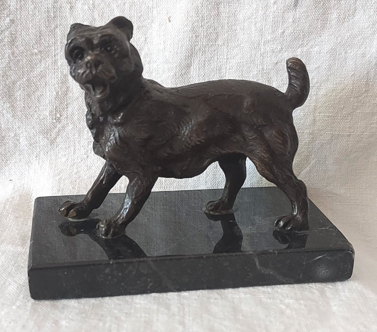 Chien Labri Des Pyrénées En Bronze à Patine Médaille Sur Sa Terrasse En Marbre Du XIXème Siècle