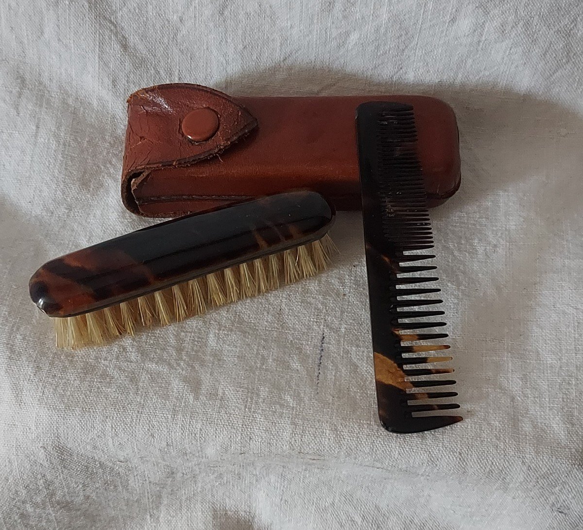 Tortoiseshell Travel Mustache Comb And Brush Accompanied By Their Leather Case 