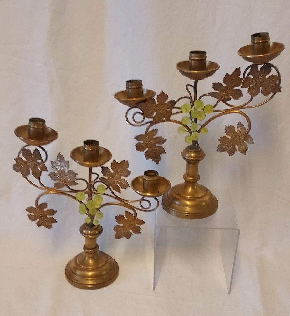 Pair Of Church Candlesticks With Three Bronze And Gilt Brass Lights Depicting Grapes-photo-2