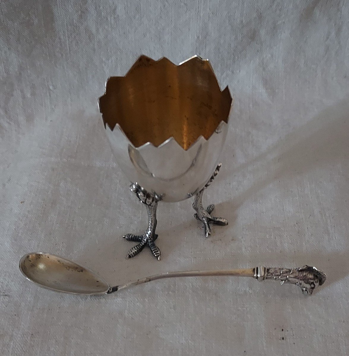 Egg Cup On Bird's Legs And Its Vermeillé Silver Hen's Head Spoon -photo-2