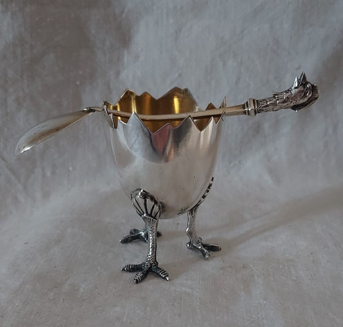 Egg Cup On Bird's Legs And Its Vermeillé Silver Hen's Head Spoon -photo-4