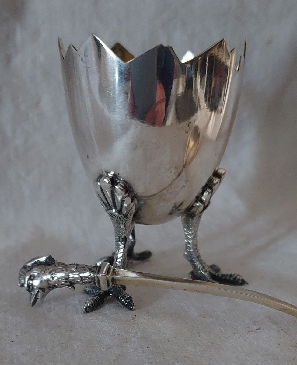 Egg Cup On Bird's Legs And Its Vermeillé Silver Hen's Head Spoon -photo-3