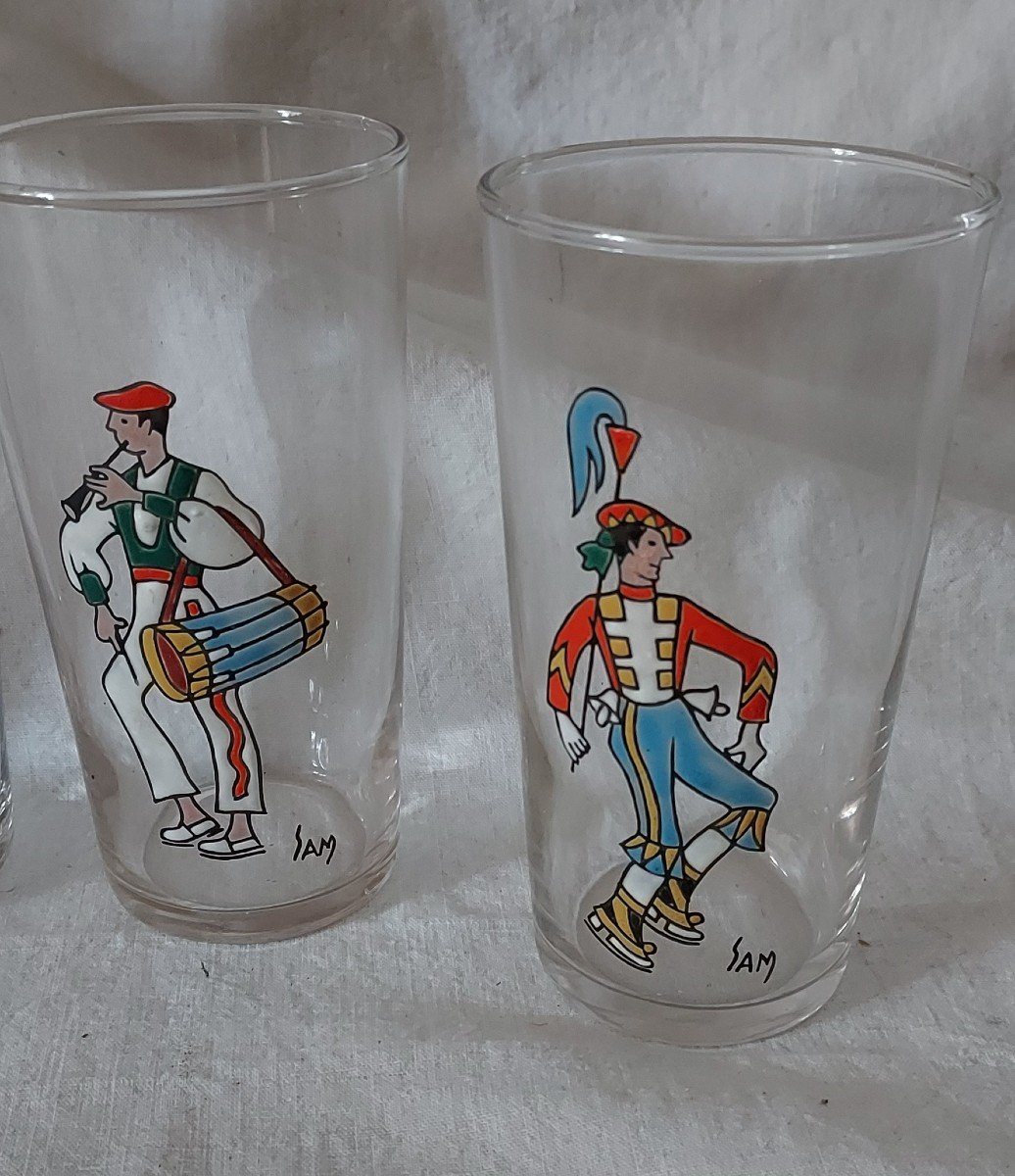 Series Of 8 Enameled Goblet Glasses With Traditional Basque Characters Signed Sam-photo-3