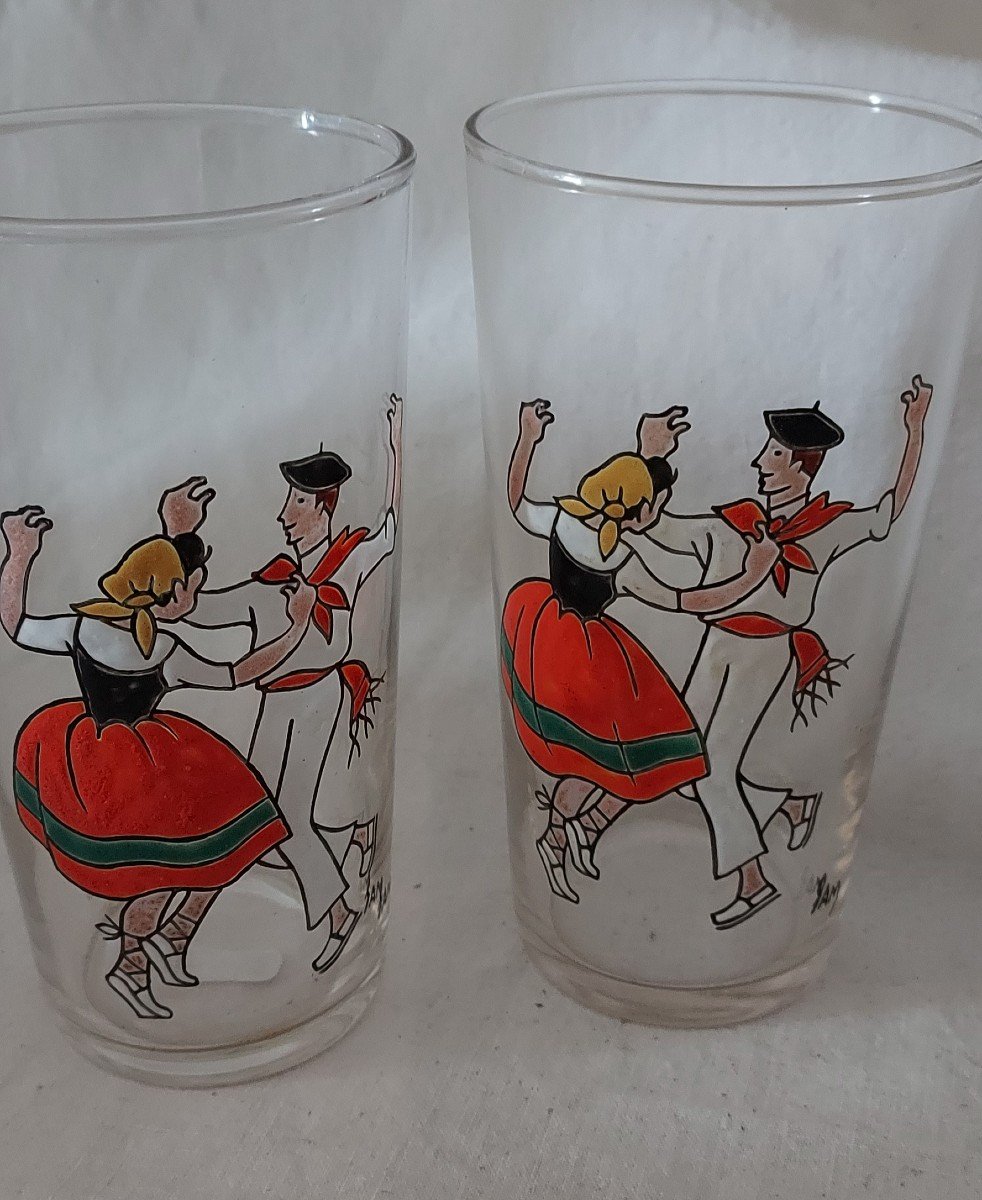 Series Of 8 Enameled Goblet Glasses With Traditional Basque Characters Signed Sam-photo-4