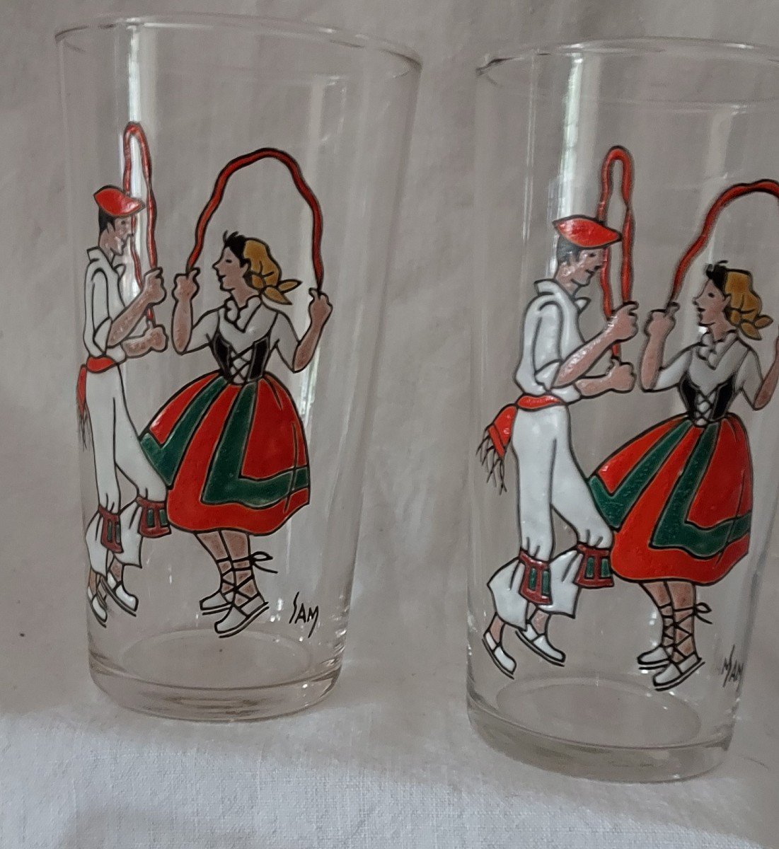 Series Of 8 Enameled Goblet Glasses With Traditional Basque Characters Signed Sam-photo-1