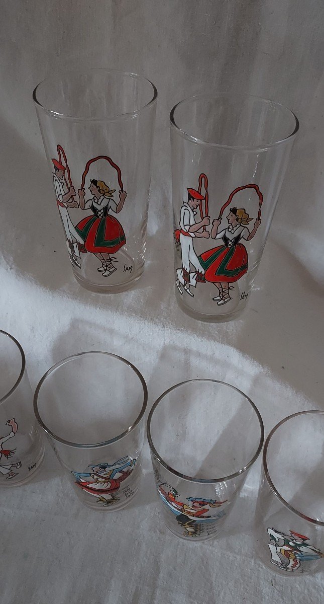 Series Of 8 Enameled Goblet Glasses With Traditional Basque Characters Signed Sam-photo-4