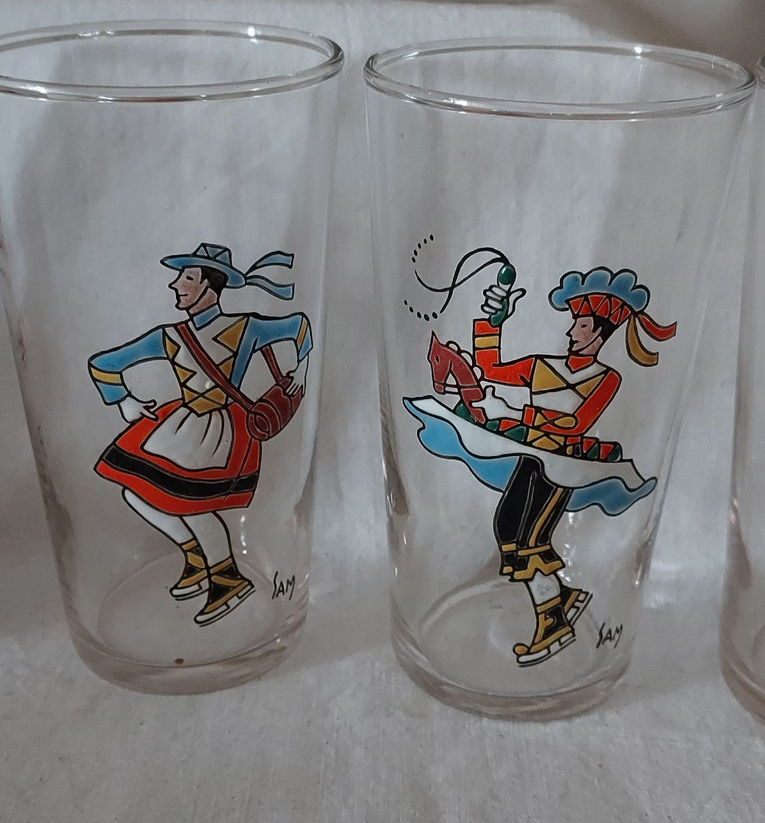 Series Of 8 Enameled Goblet Glasses With Traditional Basque Characters Signed Sam