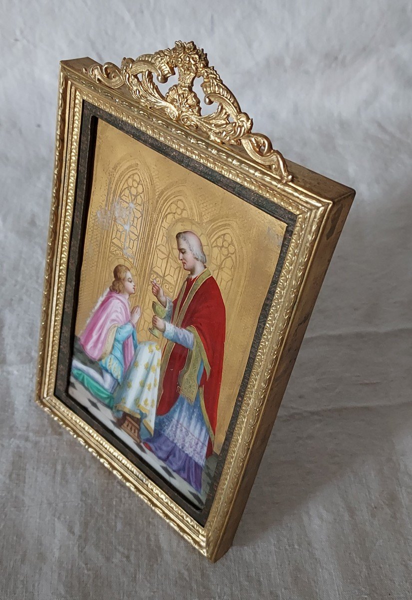 First Communion Scene In Painted Porcelain In Its Gilt Bronze Frame -photo-2