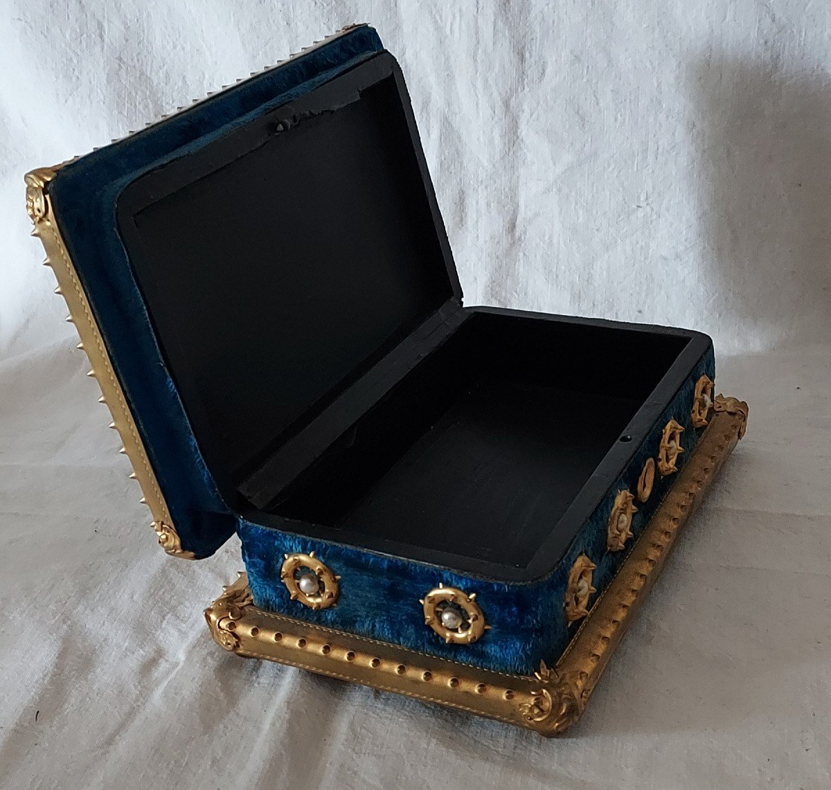 Coffret Napoléon III En Bronze Ormoulu, Velours Peluche Et Porcelaine Peinte "pietra Dura"-photo-2