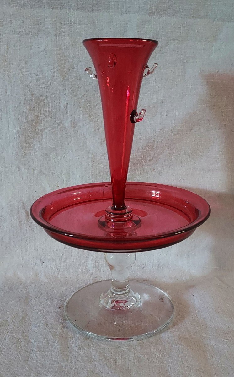 Ring Sizer Forming A Tray And Soliflore In Red And Clear Crystal (baccarat, Saint Louis?)-photo-2