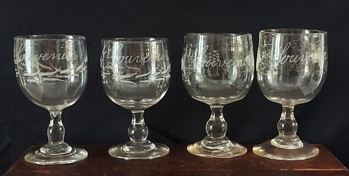 Set Of Four Balloon Wine Glasses Engraved “souvenir” Around A Grape Decor-photo-5