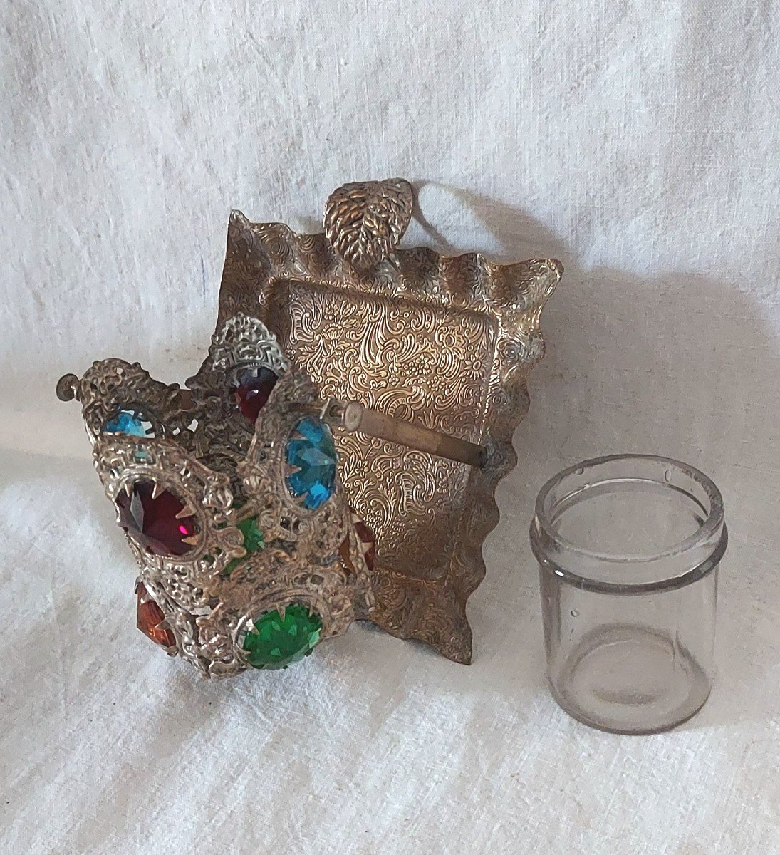 Bedside Night Light In Metal “lace” With Colored Glass Cabochons Fixed On A Tray -photo-1