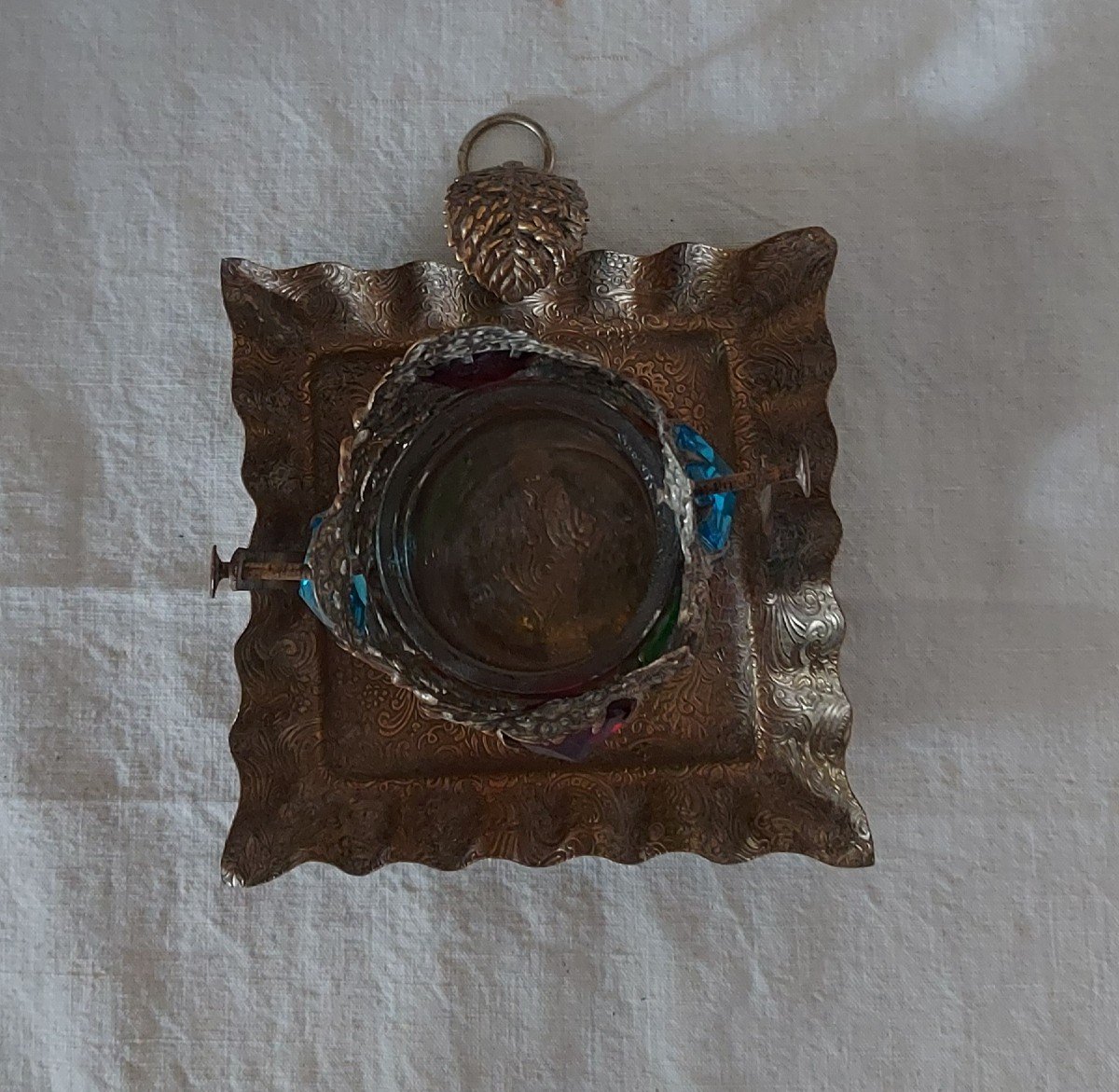 Bedside Night Light In Metal “lace” With Colored Glass Cabochons Fixed On A Tray -photo-7