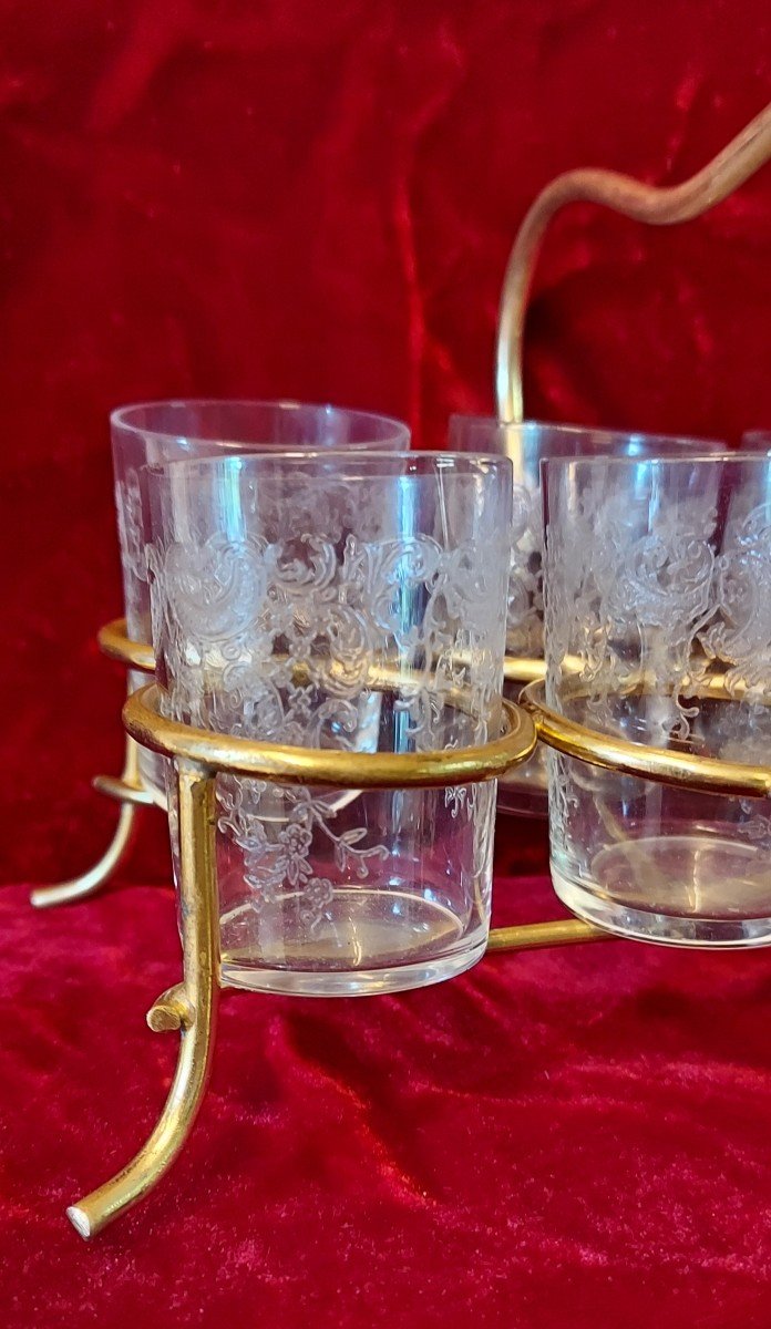 Alcohol Service Basket Tray In Gilt Bronze And Baccarat Engraved Glasses-photo-4