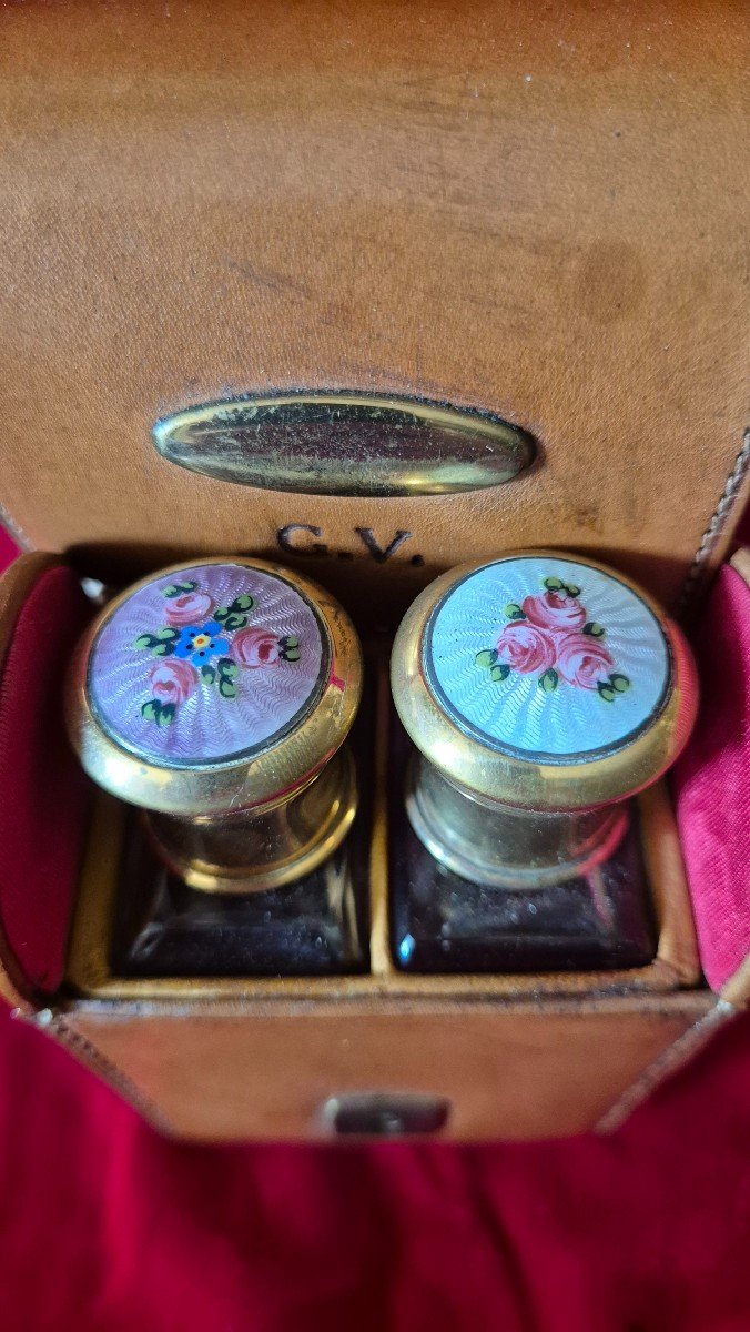 Perfume Travel Set Of Two Bottles With Flowered Enamel Caps-photo-2