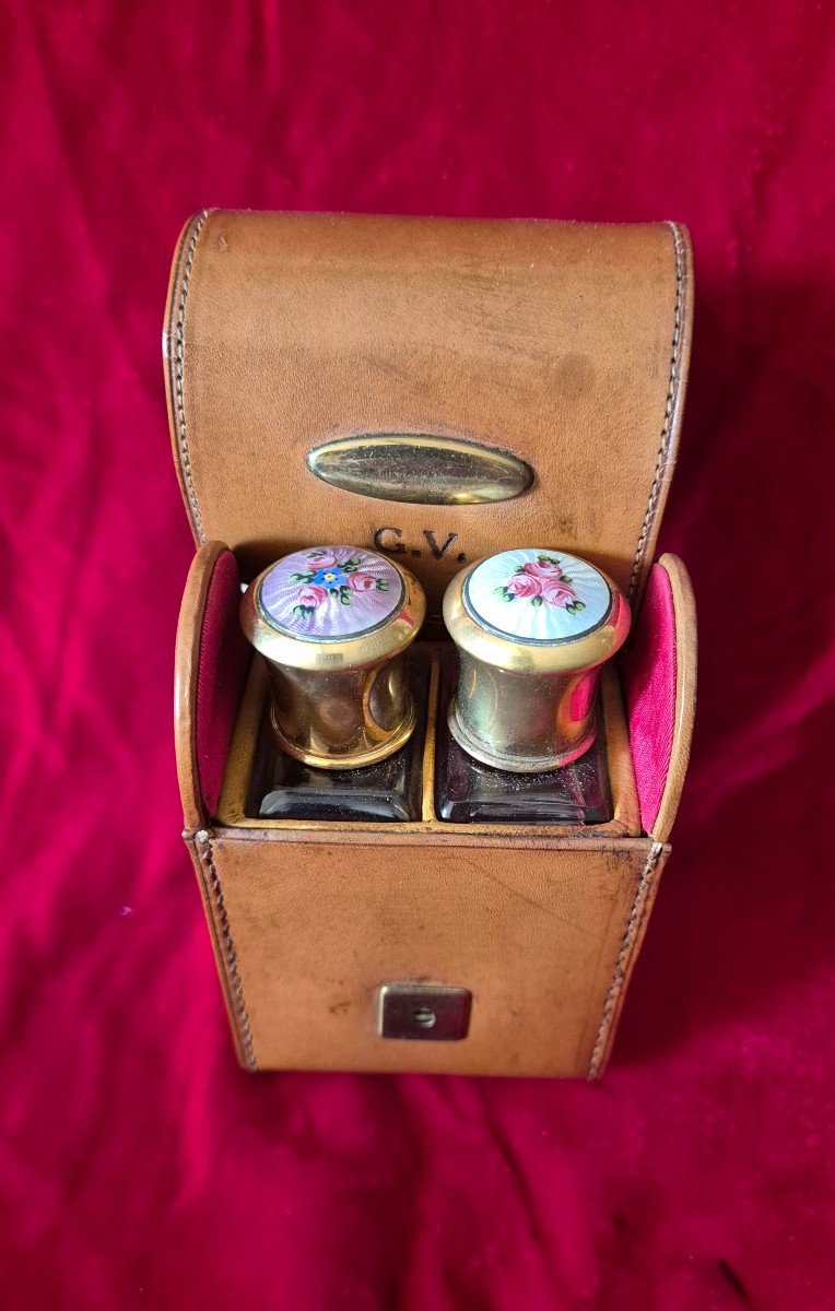 Perfume Travel Set Of Two Bottles With Flowered Enamel Caps