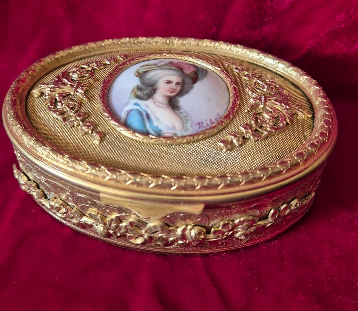 Louis XVI Style Oval Gilt Bronze Box With Porcelain Medallion Signed Ribot