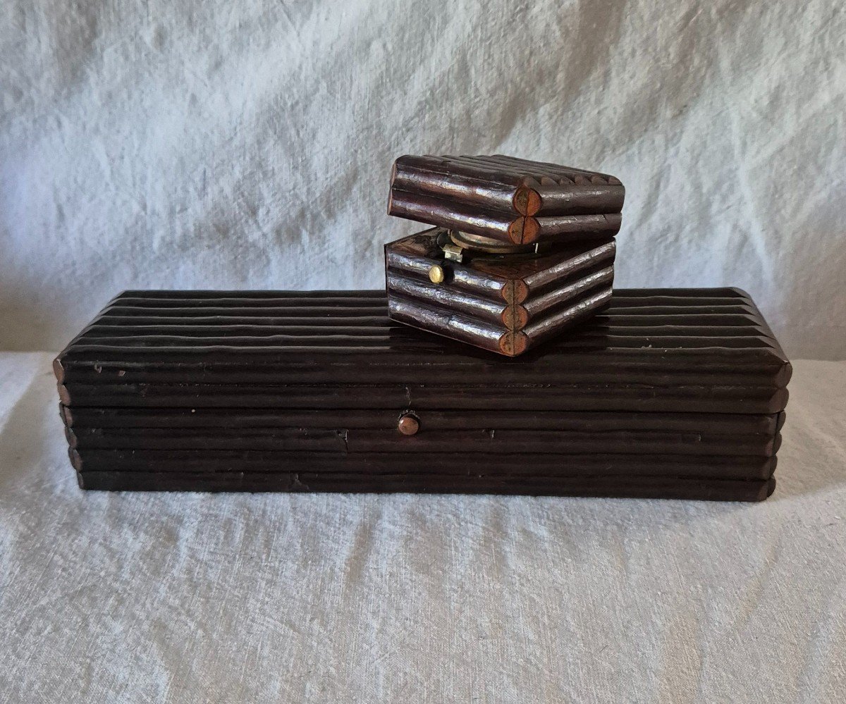 Chestnut Log Travel Inkwell And Matching Pencil Holder.