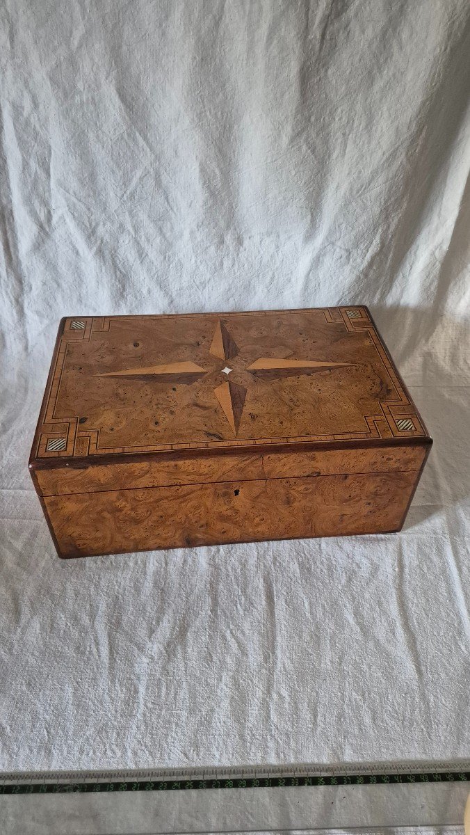 Elm Burl Marquetry Storage Box Featuring A Compass Rose-photo-5