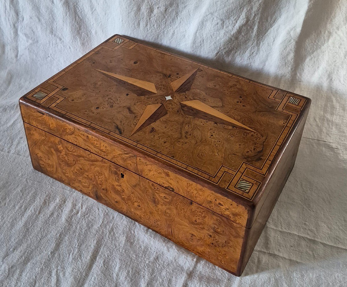 Elm Burl Marquetry Storage Box Featuring A Compass Rose