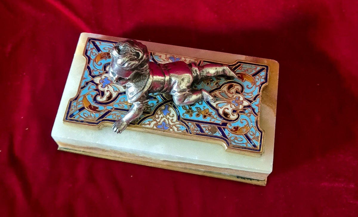 Child In Silvered Bronze On A Cloisonné Bronze "rug" Forming A Paperweight -photo-3