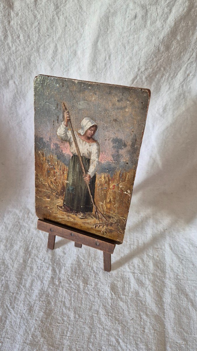 Small Painted Wooden Sign Of Country Scene Harvester In Fields -photo-2