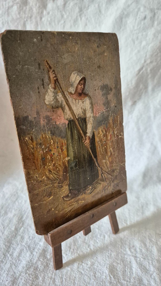 Small Painted Wooden Sign Of Country Scene Harvester In Fields -photo-3