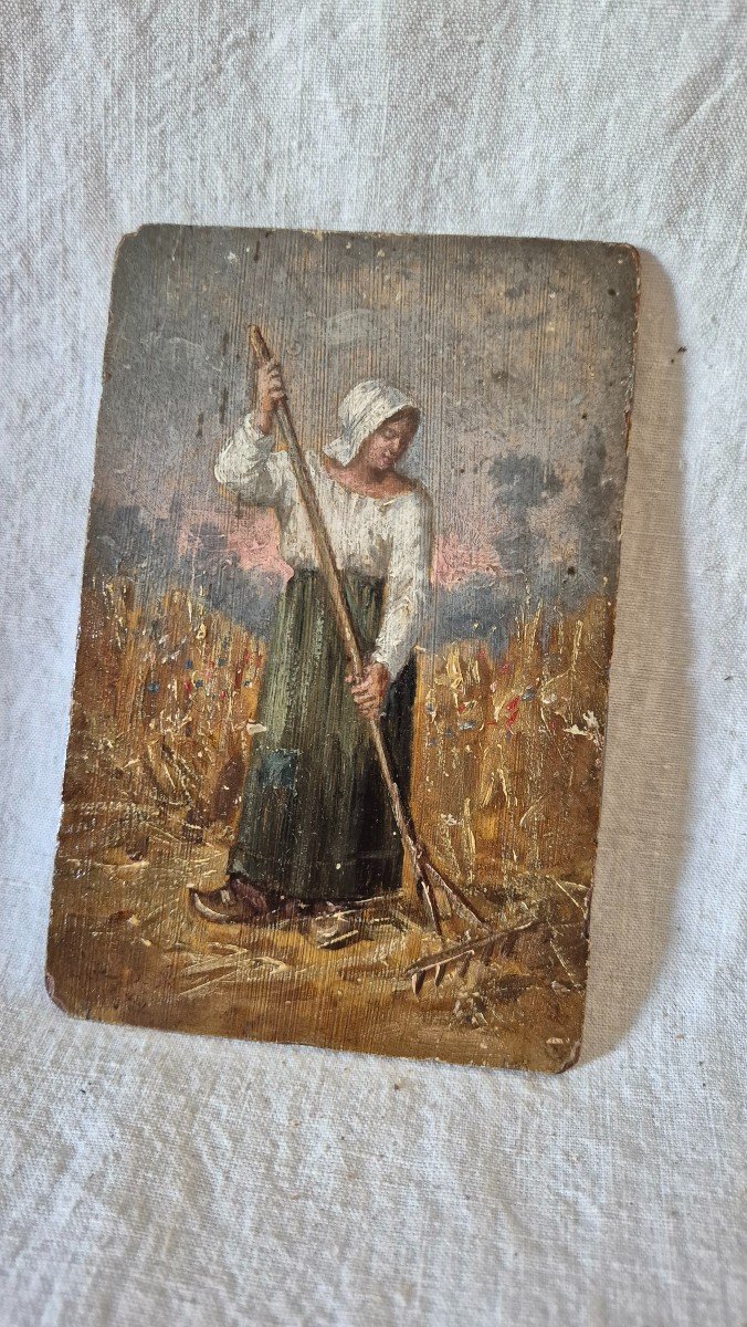 Small Painted Wooden Sign Of Country Scene Harvester In Fields 