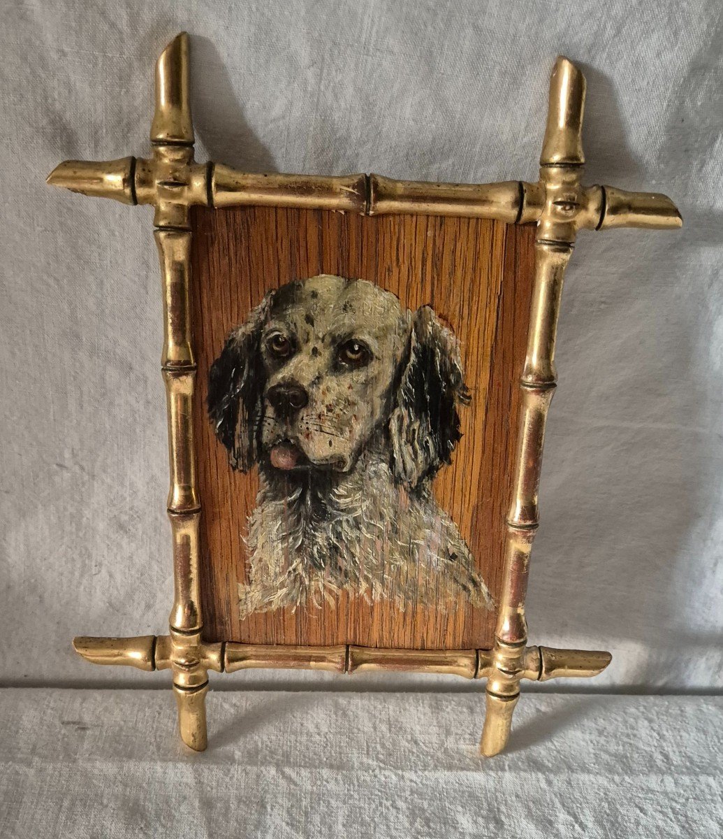 Small Painted Oak Panel English Setter Gold Frame Bamboo Style -photo-1