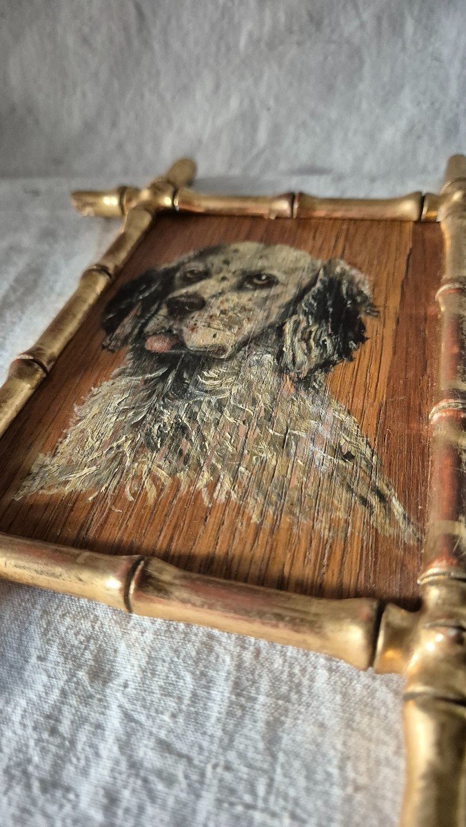 Small Painted Oak Panel English Setter Gold Frame Bamboo Style -photo-3