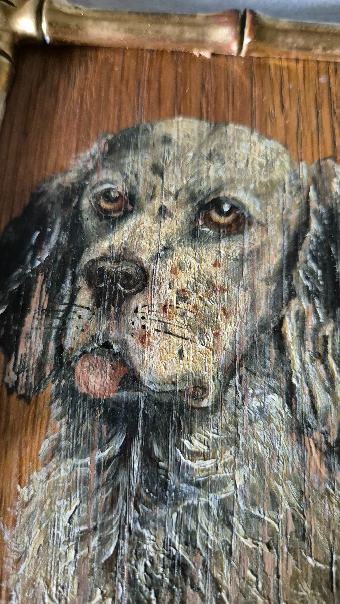 Small Painted Oak Panel English Setter Gold Frame Bamboo Style -photo-5