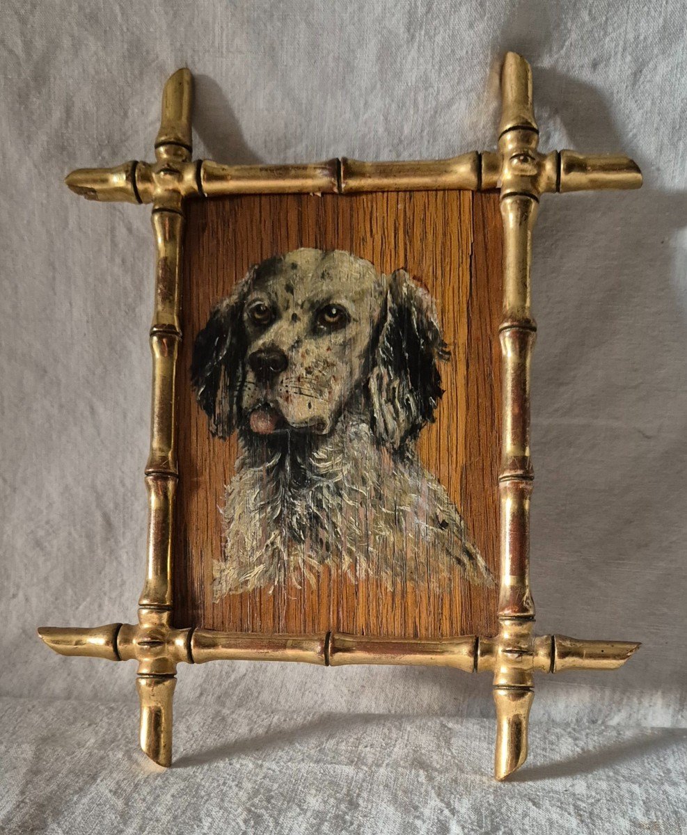 Small Painted Oak Panel English Setter Gold Frame Bamboo Style 